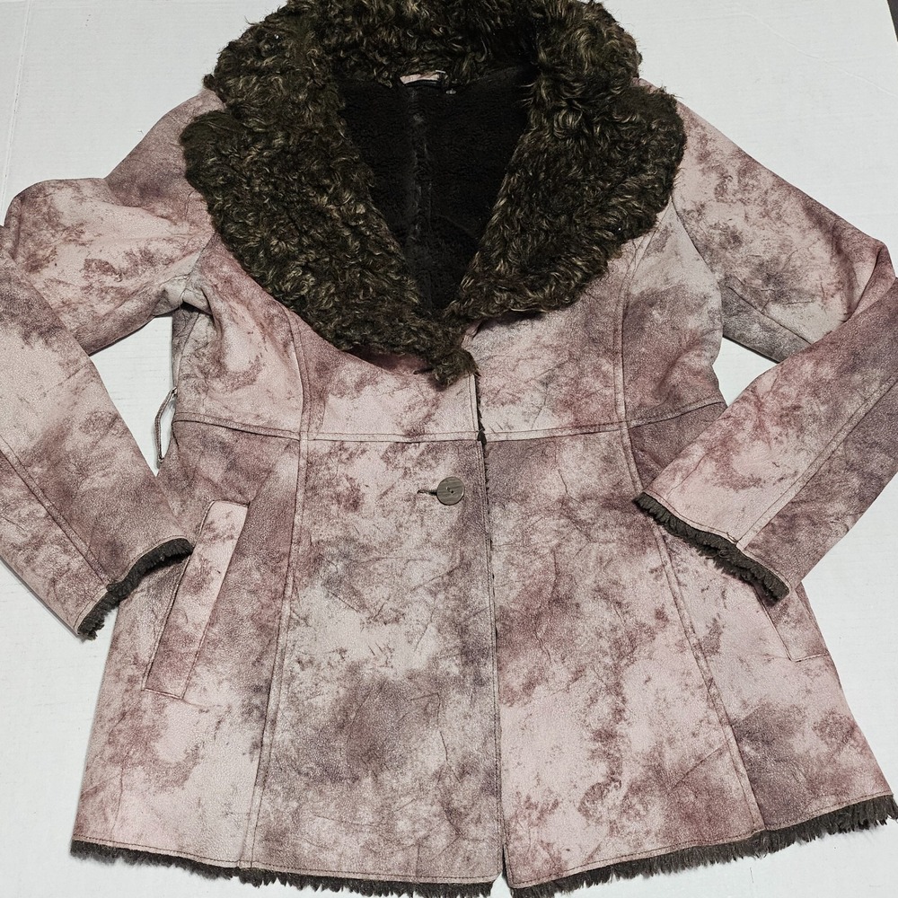 Allen B By Allen Schwarts Faux Suede Fur Collar Coat Jacket Womens Size L